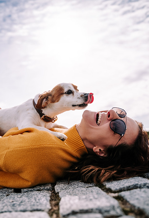 Vrouw op grond met hond op buik als illustratie voor de pagina van de beleggingsverzekering gestructureerde tak 23 van DVV 