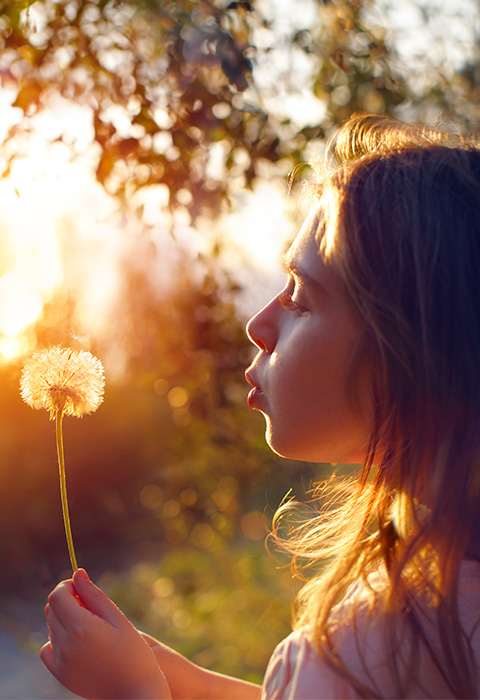 Vrouw die op een zonnebloem blaast en de deeltjes vliegen richting hemel als illustratie voor de pagina overlijdensverzekering van DVV 