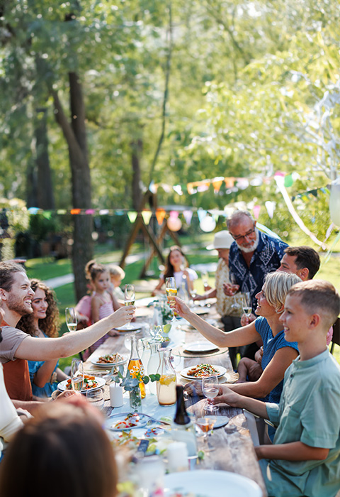 Familiefeest in de tuin onder stralende lentezon als illustratie van de overzichtspagina van DVV-verzekeringen 